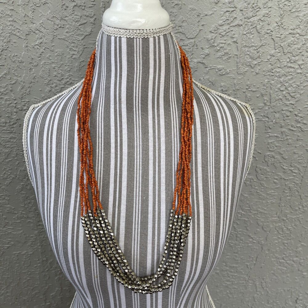 32" Long Multi Strand Orange Silver Bohemian Style Handmade Seed Bead Necklace